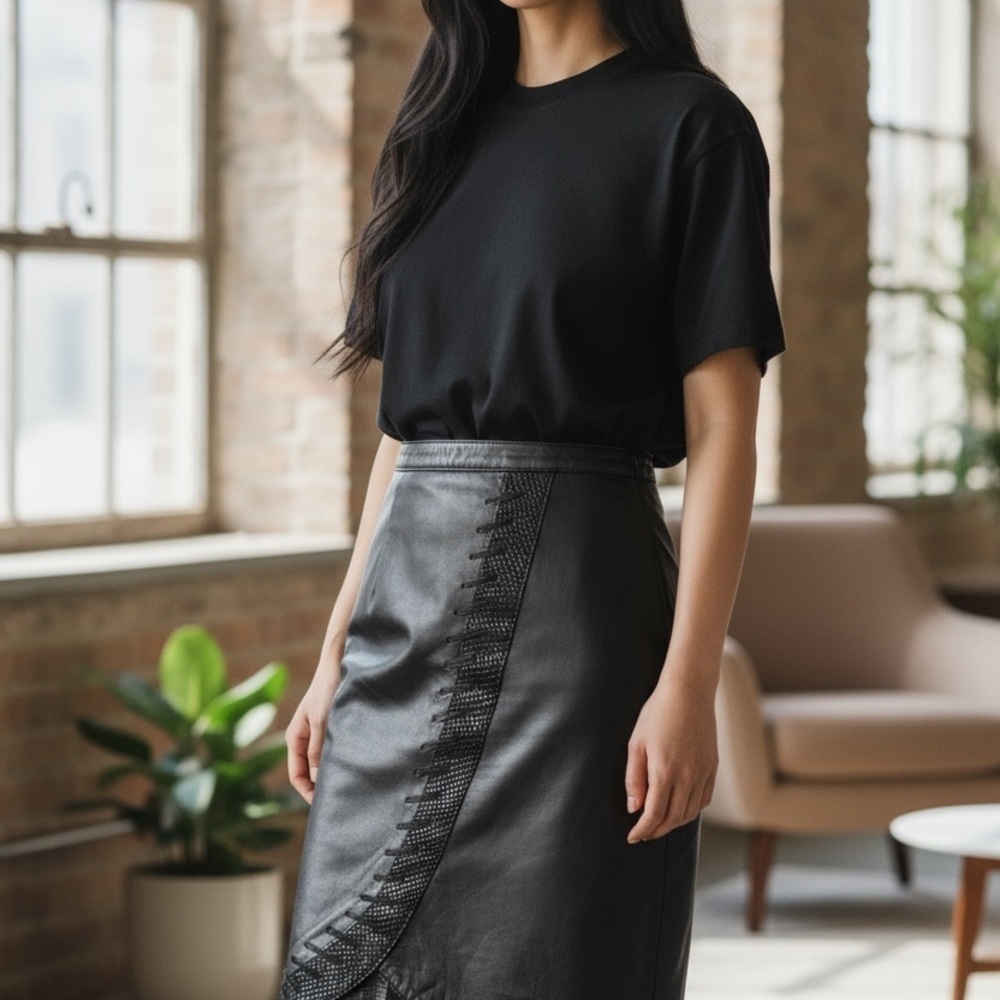 Black leather Pencil Skirt Y2K - Casual Chic - Polished - Size XS - Picture 1 of 3